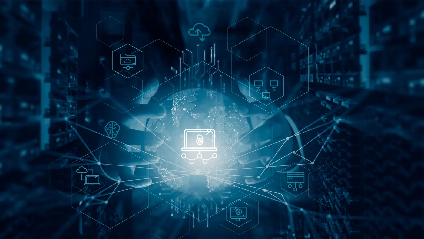 Digitální síť se symbolem zámku představující ochranu dat a blockchain.