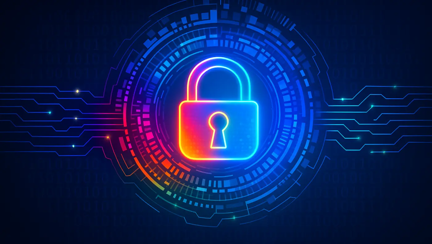 Digitální zámek symbolizující ochranu informací v kyberprostoru na pozadí s binárním kódem a technologickými prvky.