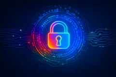 Digitální zámek symbolizující ochranu informací v kyberprostoru na pozadí s binárním kódem a technologickými prvky.