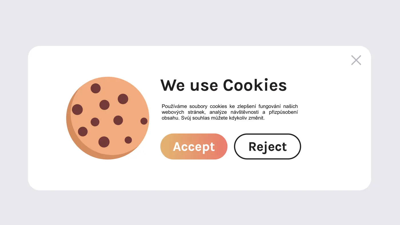 Ilustrace cookie banneru s možnostmi přijetí a odmítnutí souhlasu s používáním cookies na webových stránkách.